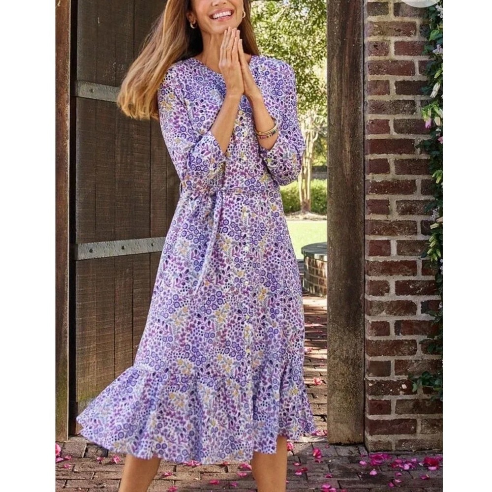 Talbots Petite 14P Floral Cotton Tiered Dress Purple Blue Wedding Peasant Summer